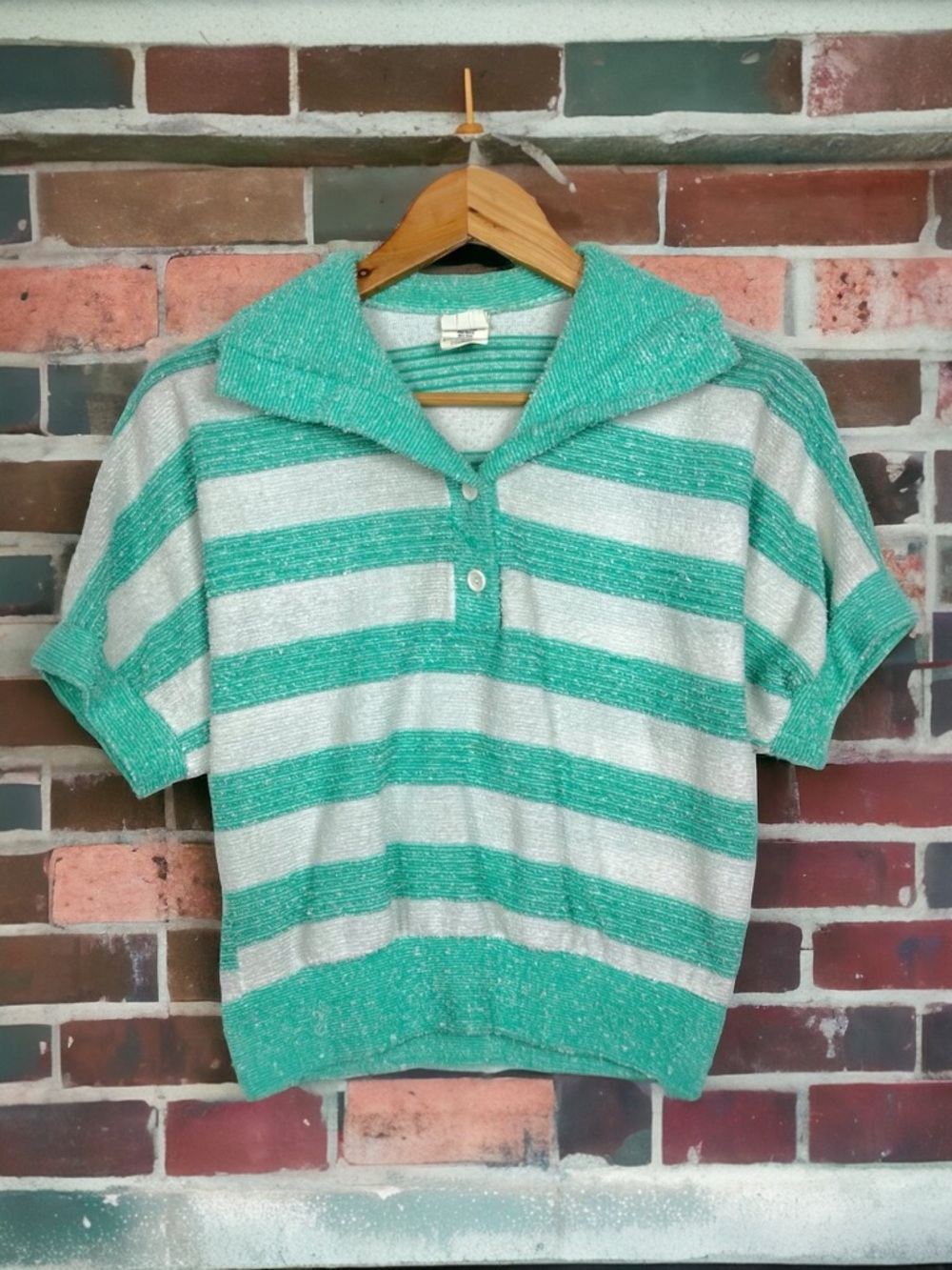 Style Trix VTG 80s Retro Terrycloth Striped Cropped Pullover Shirt Teal White M
